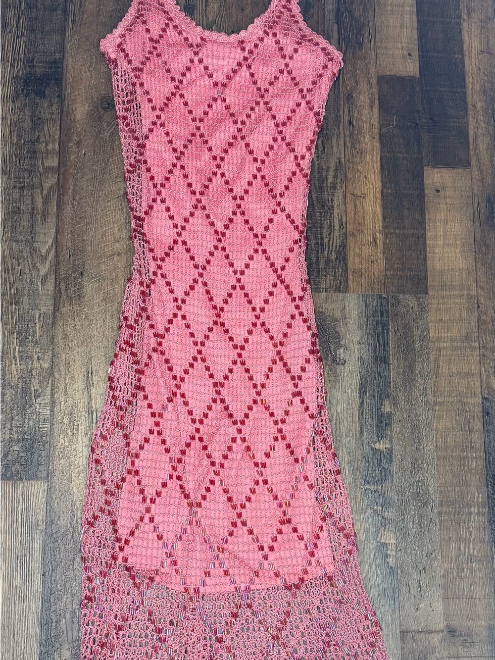 Vintage Y2K Cache Coral Pink Crochet Beaded Midi Dress